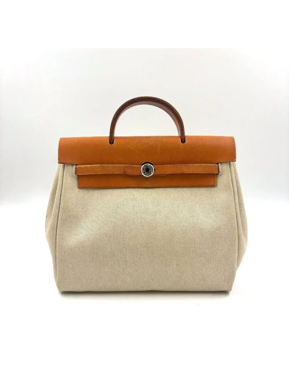Hermes Herbag a Dos PM Handbag Leather Canvas Beige Light Brown Backpack Silver